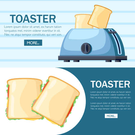 Blue toaster. Steel toaster with two slices of bread. Cartoon style design. Two ready-to-eat sandwich. Vector illustration on backgroundのイラスト素材
