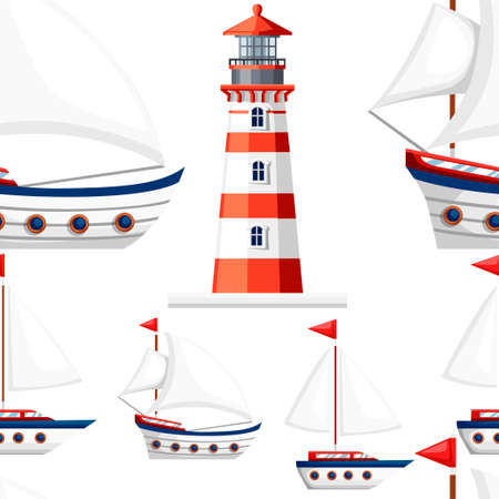 Seamless pattern. Small sailing ship and red lighthouse. Classic ship design. Cruise concept. Summer travel concept. Yachting sport. Flat vector illustration on white backgroundのイラスト素材