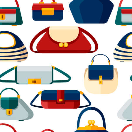 Seamless pattern. Collection of colorful women handbags. Flat design vector illustration on white backgroundのイラスト素材