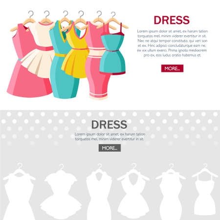 Set of colorful dresses and sundresses. Collection of women summer dresses. Clothes on hangers. Flat vector illustration on textured background. Web site page and mobile app designのイラスト素材