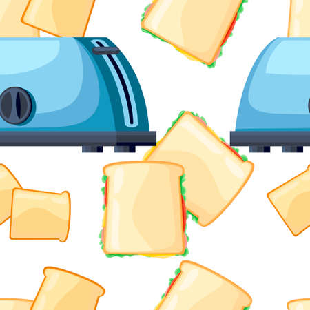Seamless pattern. Blue toaster. Steel toaster with two slices of bread. Cartoon style design. Two ready-to-eat sandwich. Vector illustration on white backgroundのイラスト素材