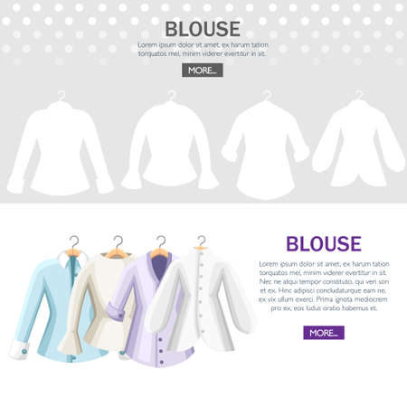 Set of colorful blouses. Collection of women blouse. Clothes on hangers. Flat vector illustration on textured background. Web site page and mobile app design.のイラスト素材