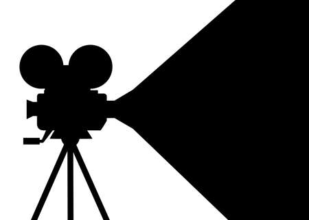 Black silhouette. Retro movie projector. Cartoon vector illustration. Film projector with film reels. Vector illustration isolated on white background.のイラスト素材