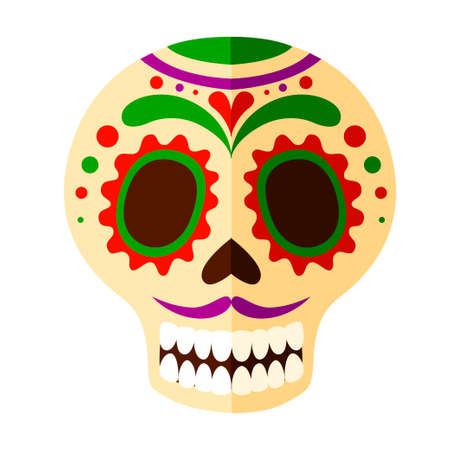 Colorful Mexican skull mask. Day of The Dead skull, cartoon style. Sugar skull with floral element. Vector flat illustration isolated on white background.のイラスト素材