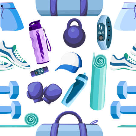 Seamless pattern. Set of sports accessories and clothes. Blue and purple color collection. Icons for classes in the gym. Vector illustration on white background. Pの写真素材