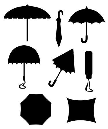 Black silhouette. Collection of umbrellas. Flat style design. Umbrellas in various positions. Parasol opened and taken down. Vector illustration isolated on white background.のイラスト素材