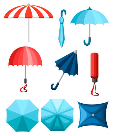 Collection of umbrellas. Flat style design. Umbrellas in various positions. Parasol opened and taken down. Vector illustration isolated on white background.のイラスト素材