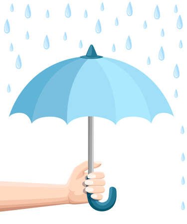 Hand holding blue umbrella. Umbrella protection from rain. Flat style design. Vector illustration isolated on white background.のイラスト素材