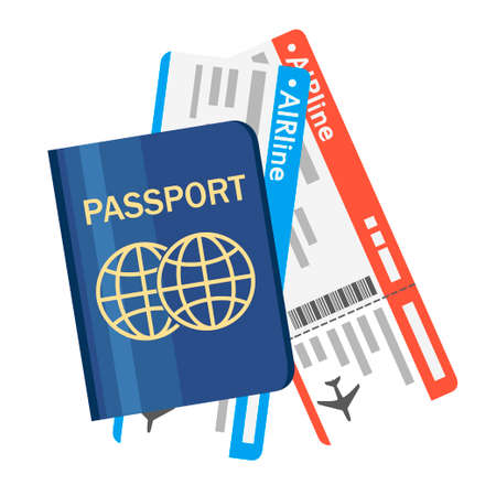Vector passport with tickets. Air travel concept. Flat design citizenship ID for traveler. Blue international document. Illustration isolated on white background.のイラスト素材