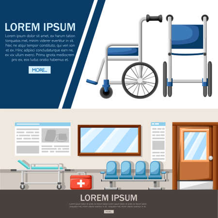 Empty hospital corridor. Clinic hallway interior with wheelchair and hospital bed. First aid kit. Medical concept. Vector illustration. Web site page and mobile app design.のイラスト素材