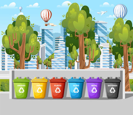 Collection of garbage cans with sorted garbage.Six containers in modern city. Ecology and recycle concept. Flat vector illustration on modern city background.のイラスト素材