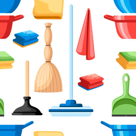 Seamless pattern. Cleaning set objects. Plastic dustpan and bowl. Mop, plunger and rags. Flat design style. Vector illustration on white background.のイラスト素材