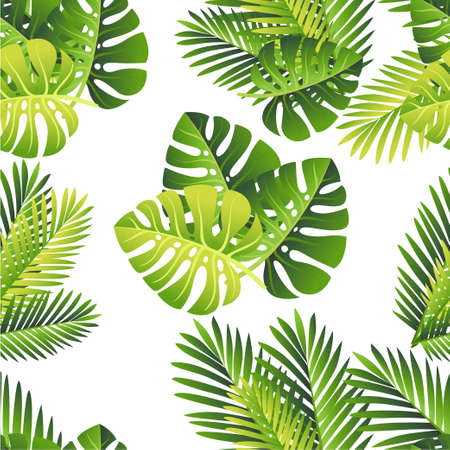 Seamless pattern. Tropical green leaves. Exotical jungle and palm leaf. Vector floral element on white background.のイラスト素材