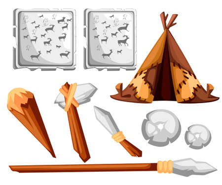 Ancient man hut. Prehistoric house from skins leather. Stone age tools and rock painting. Flat style design. Vector illustration isolated on white background.のイラスト素材