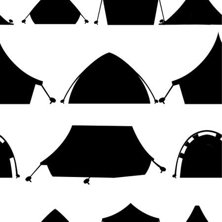 Black silhouette. Seamless pattern. Collection of hiking and camping tent. Triangle and dome flat design tents. Tourist camp tents collection. Illustration isolated on white background.のイラスト素材