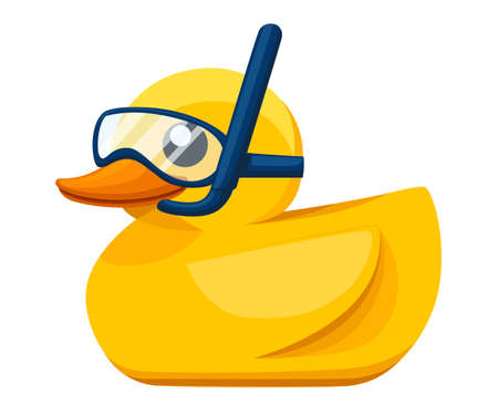 Yellow rubber duck. Cartoon cute ducky for bath. Duckling with diving mask and snorkel. Flat vector illustration isolated on white background.のイラスト素材