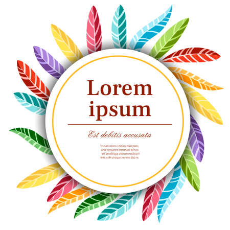 Cover design with colorful bird feathers . Round card design. Concept for card and advertising. White circle with place for your text. Flat vector illustration on white background.のイラスト素材