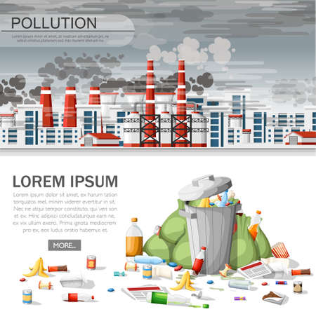 Overflowing trash can. Ecology problem, polluted air, environmental damage. Eco concept design for website or advertising. Vector illustration on white background.のイラスト素材