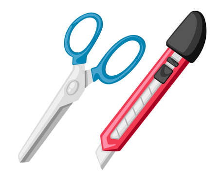 Red stationery knife and blue scissors. Flat style design. Office tools. Vector illustration isolated on white background.のイラスト素材