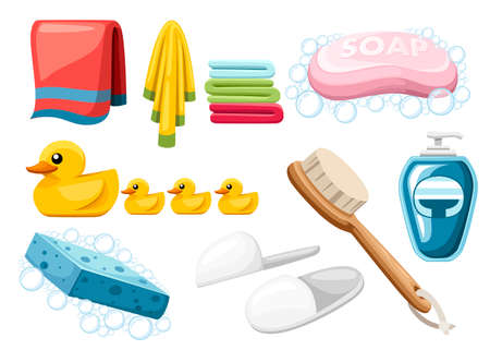 Bath and shower icon set. Pink soap bar, towels, ducks and towels. Colorful icons. Flat vector illustration isolated on white background.のイラスト素材