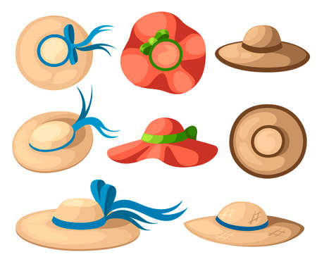 Women summer hat set. Colorful summer collection icon. Flat vector illustration isolated on white background.のイラスト素材
