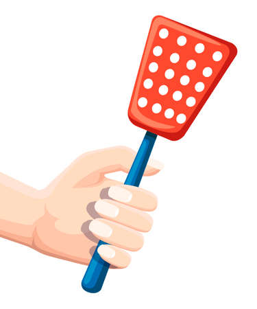 Hand hold fly swatter. Tool for destruction of insects at home. Red swatter with blue handle. Flat vector illustration isolated on white background.のイラスト素材