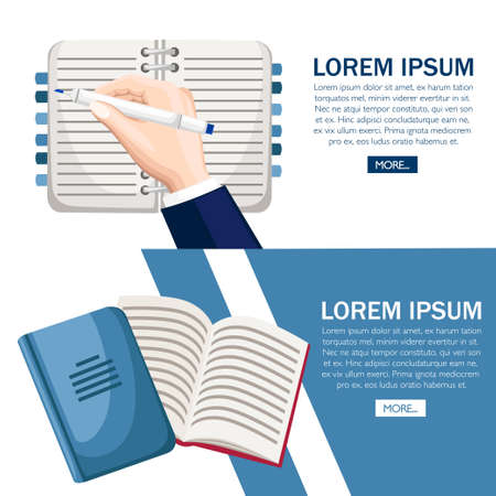 Hand write text. Notebook with bookmarks. Notepad mockup with blue text template. Flat vector illustration with place for text. Concept design for website or advertising.のイラスト素材