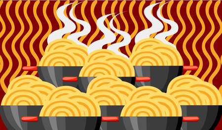 Bowl with ramen noodles. Korean, Japanese, Chinese food. Black bowl with red handle. Big group of bowls with noodles. Flat vector illustration on textured background.のイラスト素材