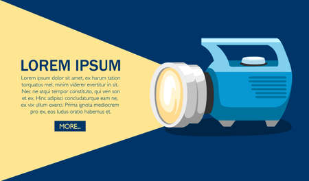 Big blue shining flashlight. Tourist or special flashlight with handle. Flat vector illustration with place for text. Concept design for website or advertising.のイラスト素材
