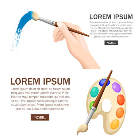 Hand holding paintbrush. Brush painting on white. Blue paint. Vector flat illustration on white background. Concept design for website or advertising.のイラスト素材