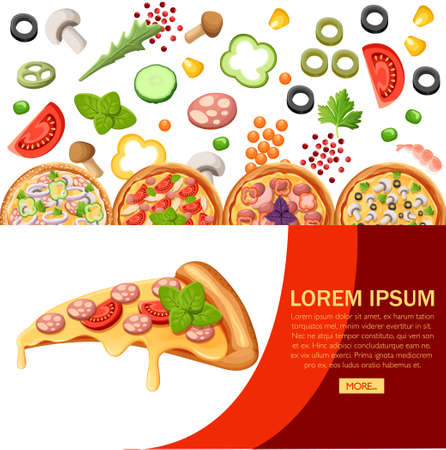 Group of pizza with ingredients. Flat style design. Concept for menu of pizzeria, cafe, restaurant. Website design and advertising. Vector illustration on textured background.のイラスト素材