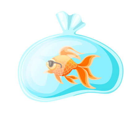 Golden fish in plastic bag with water. Flat colorful icon. Fish with sunglasses. Vector illustration isolated on white background.のイラスト素材