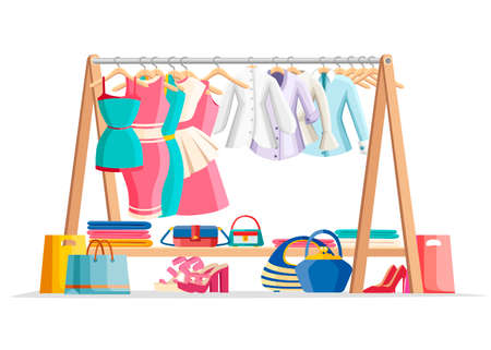 Wooden hanger rack with female clothes and handbags with shoes on floor. Casual garment. Everyday outfit sale concept. Flat style vector illustration isolated on white background.のイラスト素材