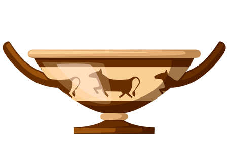 Ancient Greece kylix drinking cup. Ancient wine cup cylix with patterns. Greek pottery icon. Flat vector illustration isolated on white background.のイラスト素材