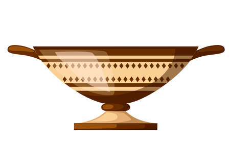 Ancient Greece kylix drinking cup. Ancient wine cup cylix with patterns. Greek pottery icon. Flat vector illustration isolated on white background.のイラスト素材