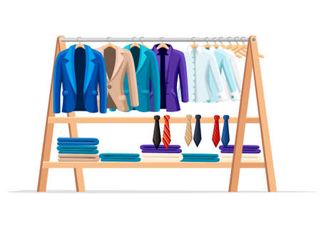 Wooden hanger rack with male classic clothes and necktie. Official style outfit. Flat style vector illustration isolated on white background.のイラスト素材