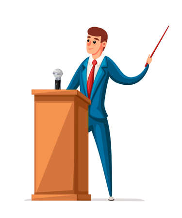 Man in suit stands at wooden tribune with microphone. Making a speech. Cartoon character design. Flat vector illustration isolated on white background.のイラスト素材