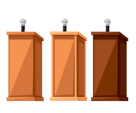 Set of wooden tribune. Different types of wood material speech tribune. Rostrum stand with microphone. Flat vector illustration isolated on white background.のイラスト素材