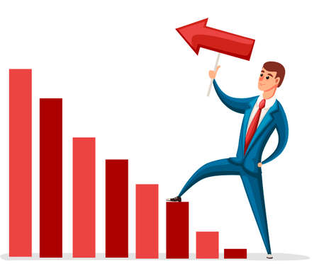 Vector illustration of moving up businessman. Cartoon character design. Businessman walking up stairs. Graph up. Flat vector illustration on white background.のイラスト素材