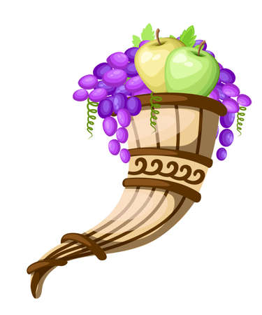 Drinking horn with grapes and apples. Ancient rhyton. Greek or roman culture. Brown color and patterns. Flat vector illustration isolated on white background. Greek pottery icon.のイラスト素材