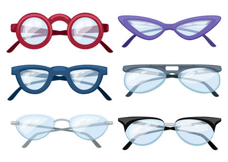Set of colorful glasses. Collection of six cartoon glasses. Flat vector illustration isolated on...