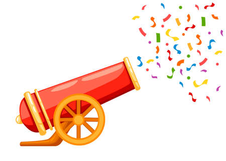Ancient red cannon shots confetti. Circus cannon. Flat vector illustrator isolated on white background.のイラスト素材