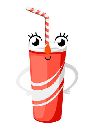 Red paper cup mascot. Cartoon character design in flat style. Smiling cup. Vector illustration isolated on white background.のイラスト素材