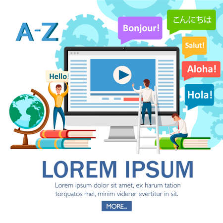 Language school concept banner. Monitor, books, and humans. Online education concept. Flat vector illustration on white background. Website page and mobile app design.のイラスト素材