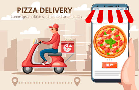 Smiling pizza delivery courier and smartphone with app. Food courier on red retro scooter with trunk case box. . Cartoon character design. Flat vector illustration on city landscape background.のイラスト素材