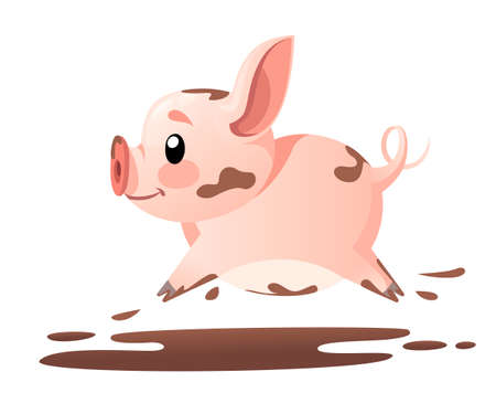 Cute pig. Cartoon character design. Running little pig in mud. Flat vector illustration isolated on white background.のイラスト素材