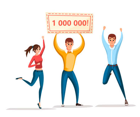 Lottery winner. Women and man stand with winner banner, 1000000. Happy people. Win million. Cartoon character design. Flat vector illustration isolated on white background,のイラスト素材