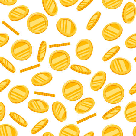 Seamless pattern. Falling golden coins. Gold money icon. Growth, income, investment. Flat vector illustration on white background.のイラスト素材