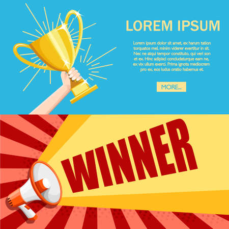 Hand holding golden cup. Speaker winner banner. Gold cup award. Flat vector illustration. Concept design. Website page and mobile app design.のイラスト素材