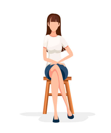 Women sit on wooden chair. No face character design. Girl sit with crossed legs in formal wear. Flat vector illustration isolated on white background.のイラスト素材